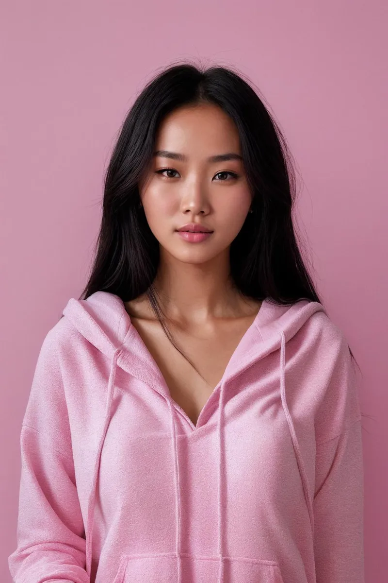 Portrait of a woman with long black hair wearing a pink hoodie, generated using AI and stable diffusion.