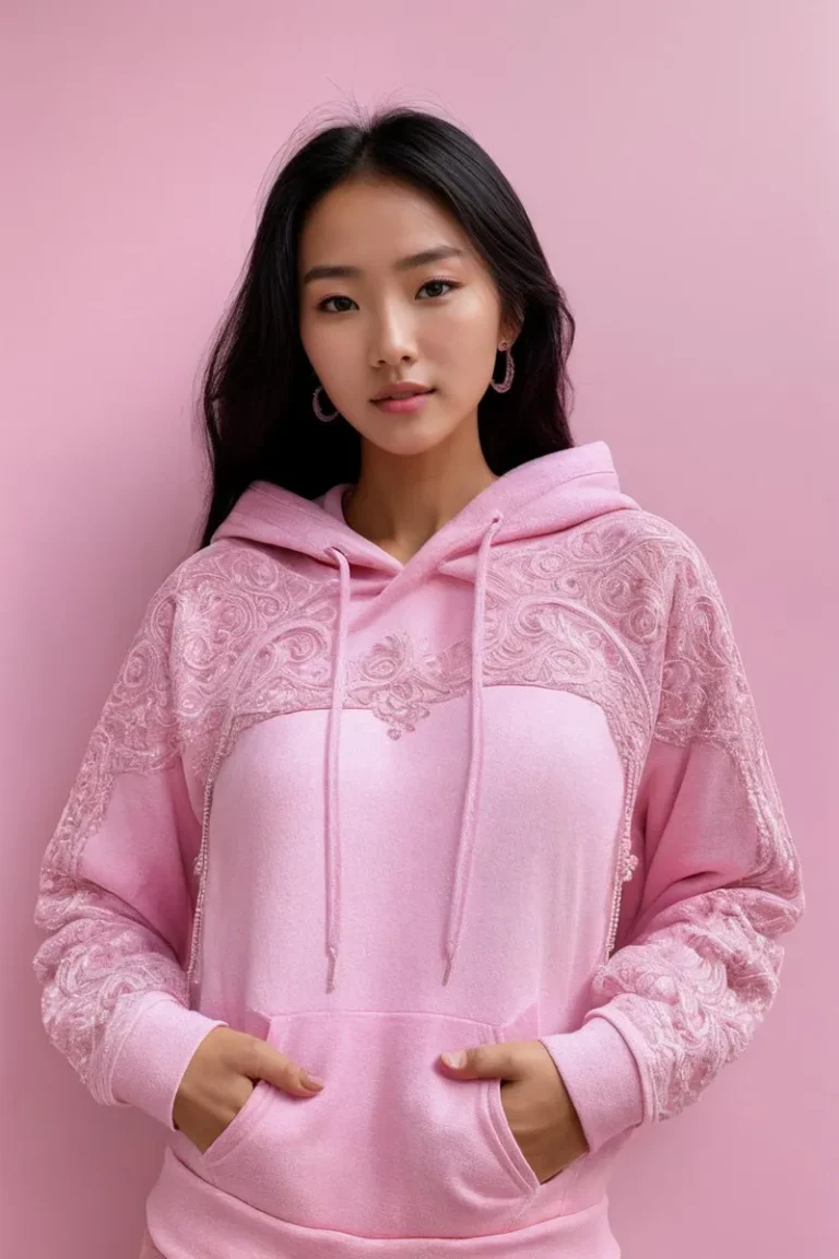 A woman wearing a detailed pink hoodie with intricate designs, generated by AI using stable diffusion.