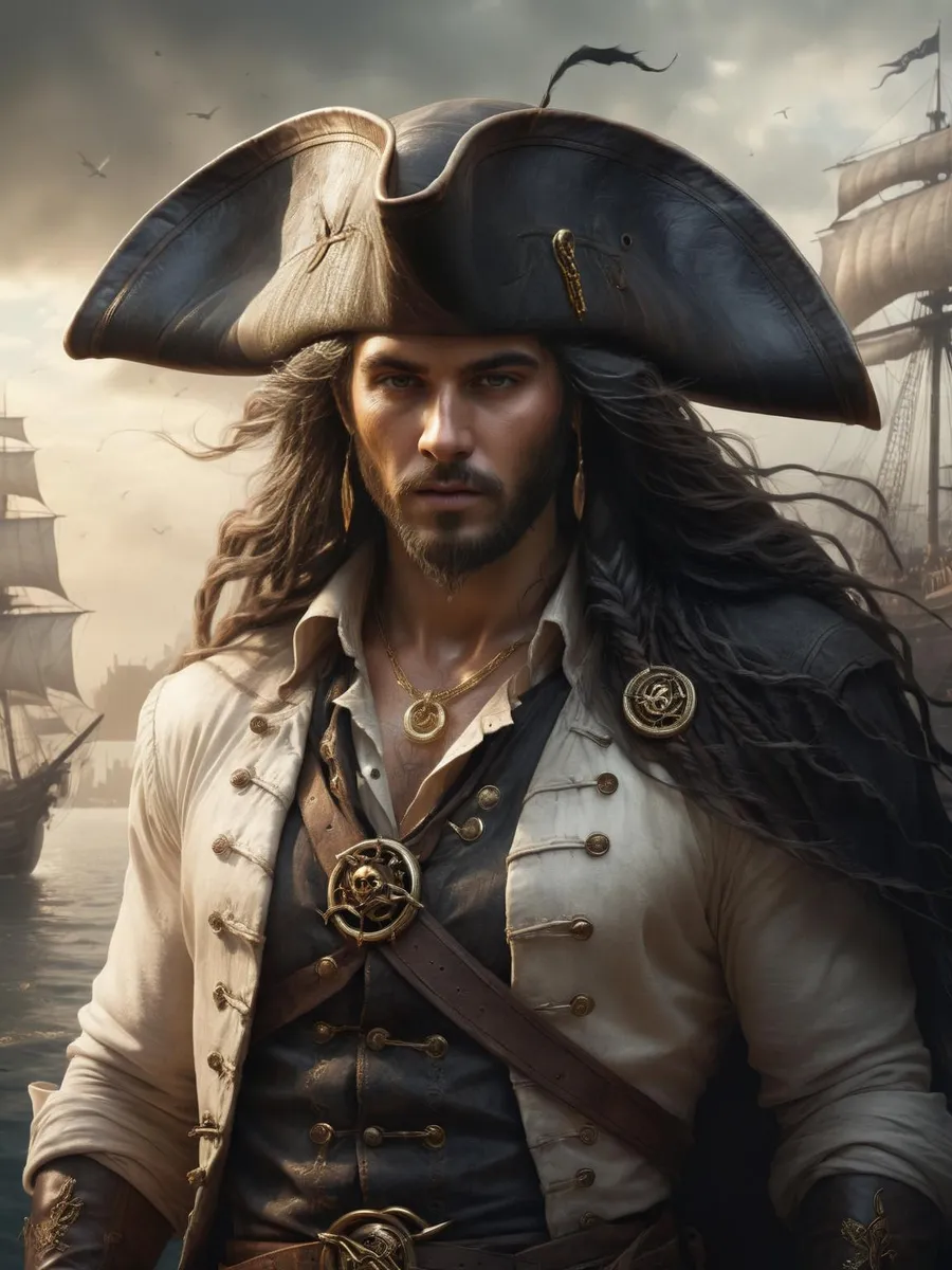 A detailed pirate captain with long hair, wearing a large hat, standing on a ship with other ships and seagulls in the background. This is an AI generated image using Stable Diffusion.