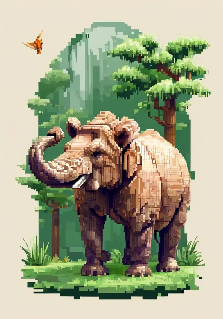 A pixel art style illustration of an elephant in nature, created using stable diffusion AI.