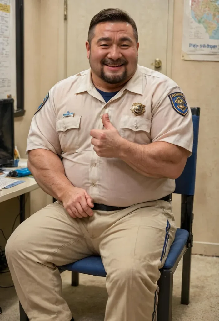 A smiling policeman sitting and giving a thumbs up, wearing a beige uniform. AI generated image using Stable Diffusion.