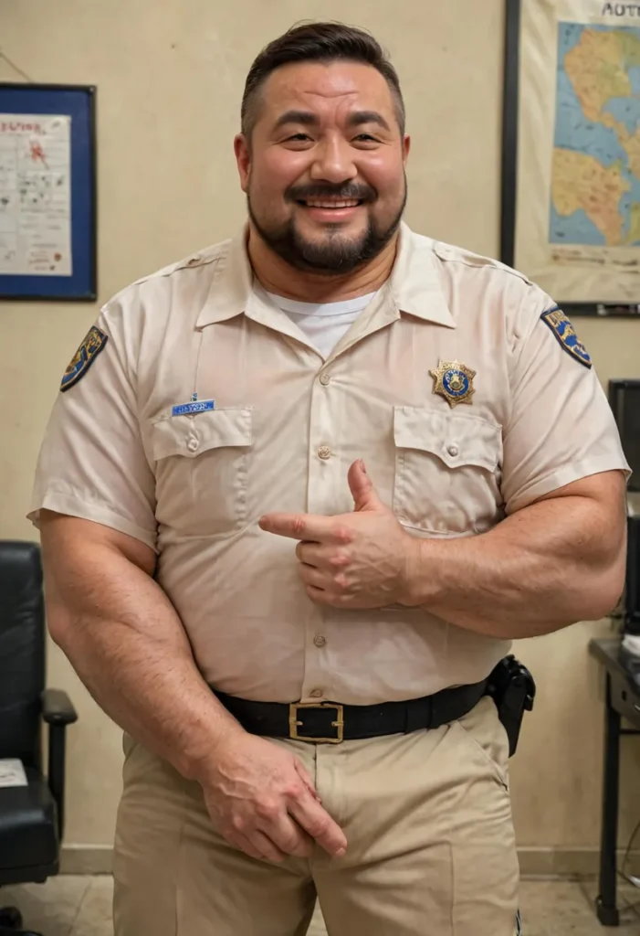 Friendly police officer smiling and pointing at his chest, wearing a beige uniform. AI generated image using Stable Diffusion.