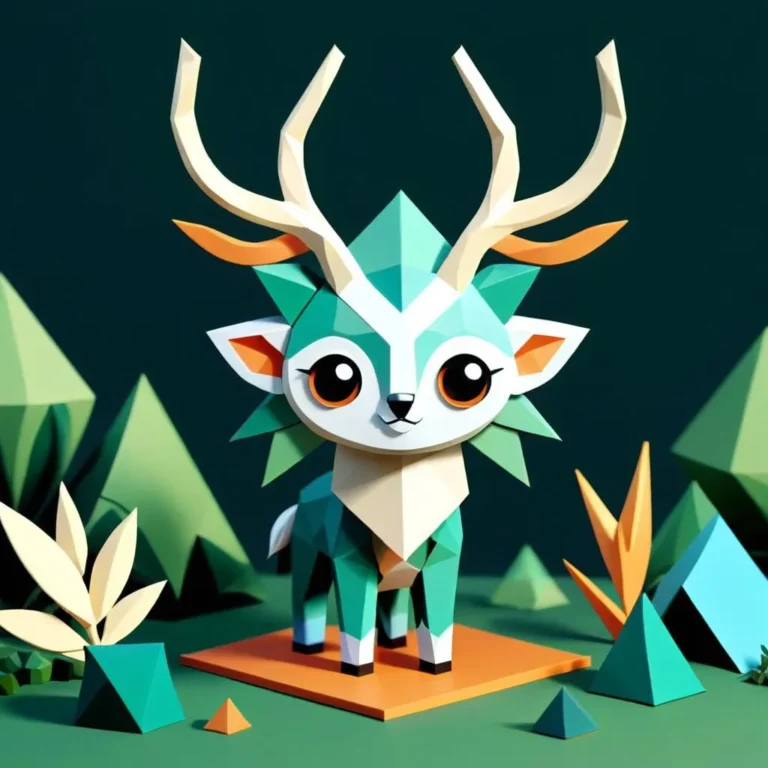 A polygonal deer with elaborate antlers and bright orange eyes standing on a platform in a low-poly styled forest. AI generated image using stable diffusion.