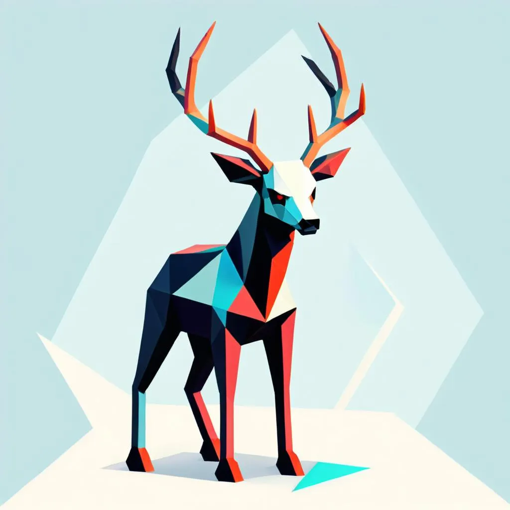A polygonal deer composed of vibrant geometric shapes in blue, red, and black, standing on a white platform with a light blue background. This is an AI generated image using Stable Diffusion.