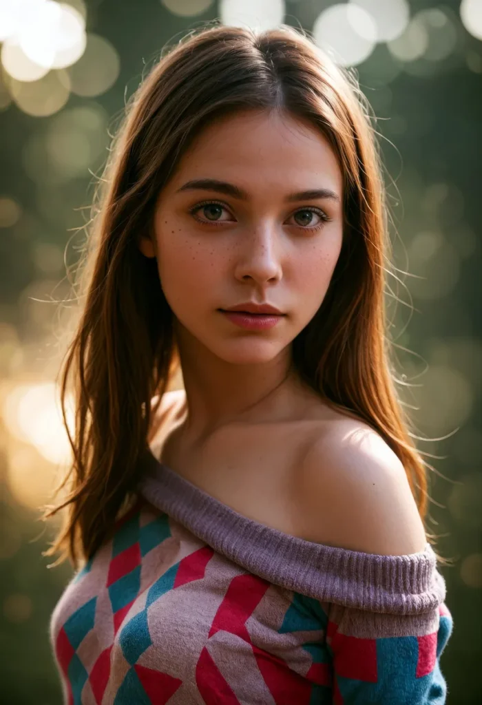 A realistic portrait of a young woman with long brown hair, wearing an off-the-shoulder patterned sweater. Ai generated using stable diffusion.