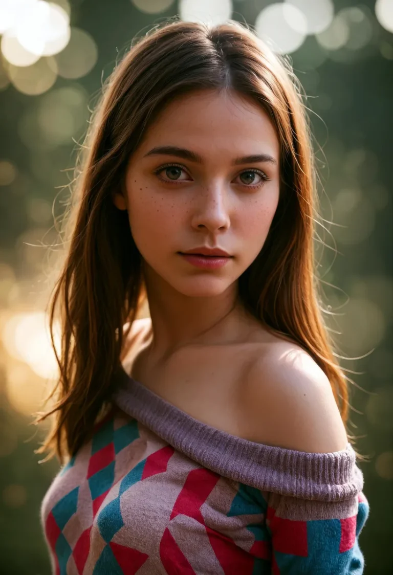 A realistic portrait of a young woman with long brown hair, wearing an off-the-shoulder patterned sweater. AI generated using Stable Diffusion.