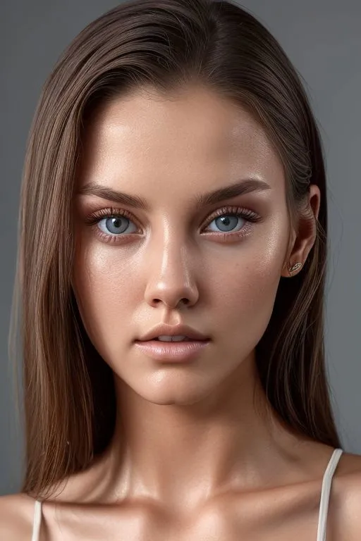 A detailed portrait of a woman with blue eyes, straight brown hair, and smooth skin. AI generated image using Stable Diffusion.