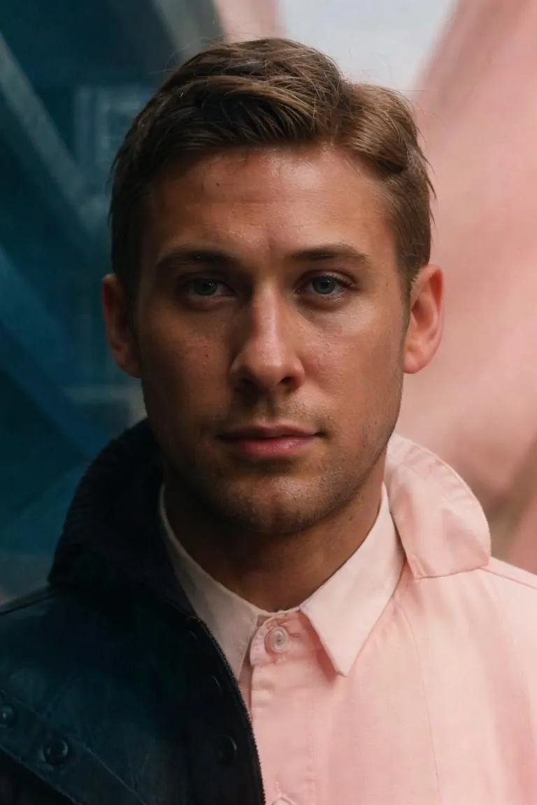 A detailed portrait of a young man with short brown hair, wearing a light pink shirt under a dark jacket. This is an AI generated image using stable diffusion.