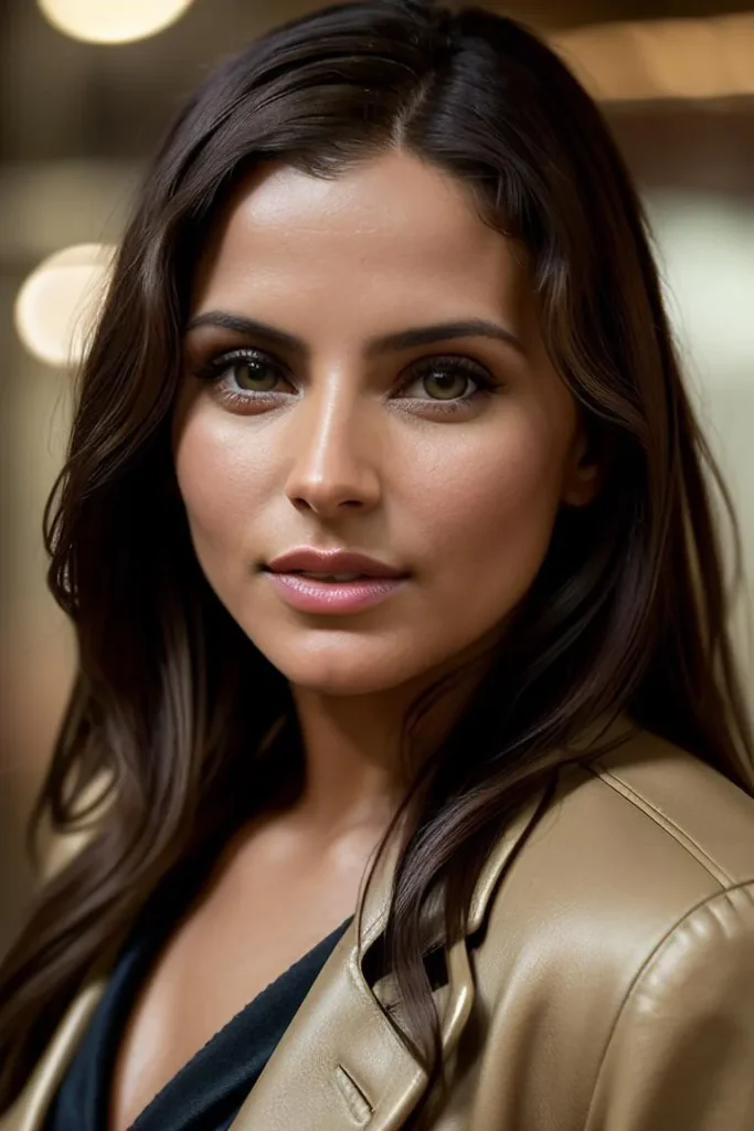 AI generated portrait of a woman with long dark hair and brown eyes, wearing a beige jacket, using Stable Diffusion.