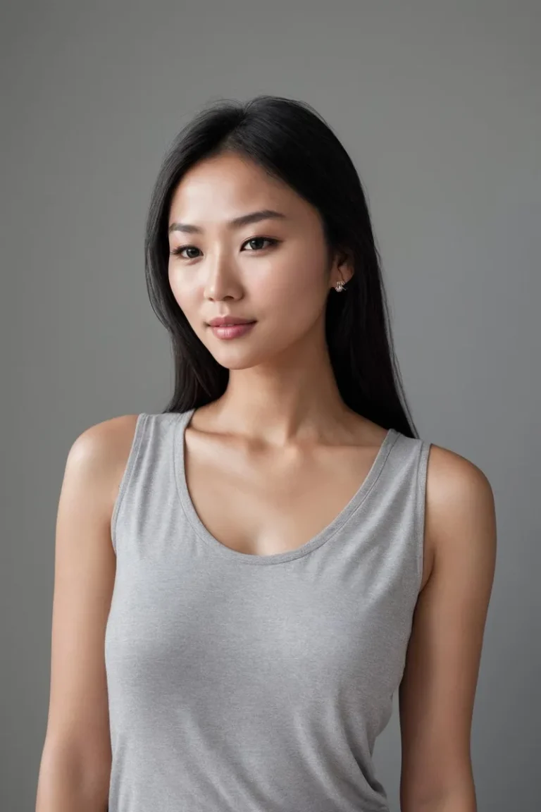 AI generated image using stable diffusion of a young woman with long dark hair, wearing a gray tank top, against a plain gray background.