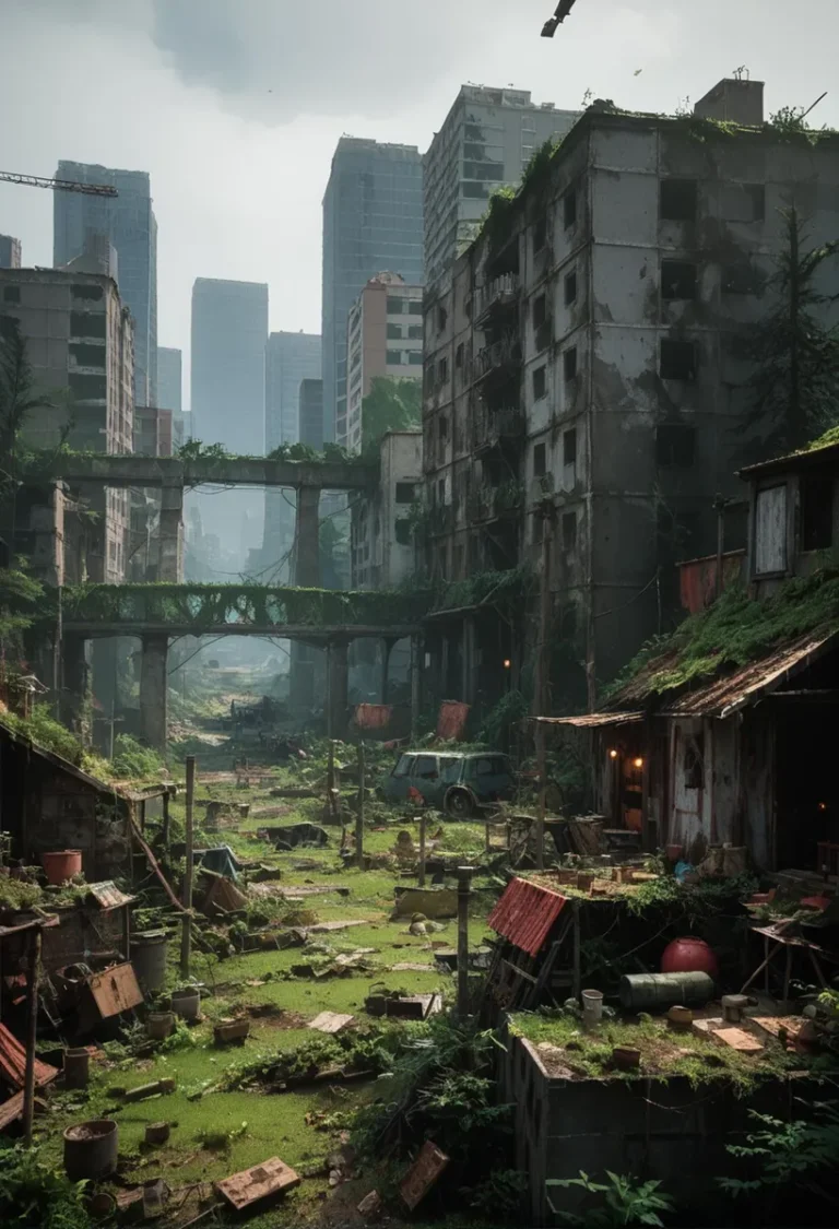 An AI generated image using stable diffusion depicting a post-apocalyptic city overgrown by nature with dilapidated buildings and greenery taking over.