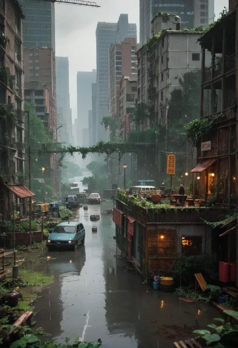 Urban scene of a post-apocalyptic city with dense vegetation growing on buildings and streets, created using Stable Diffusion.
