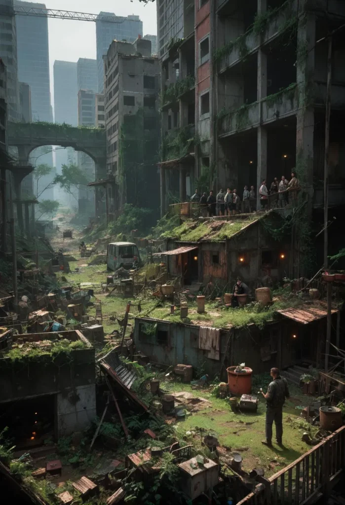 Post-apocalyptic cityscape with abandoned buildings overgrown with vegetation, created using stable diffusion ai.