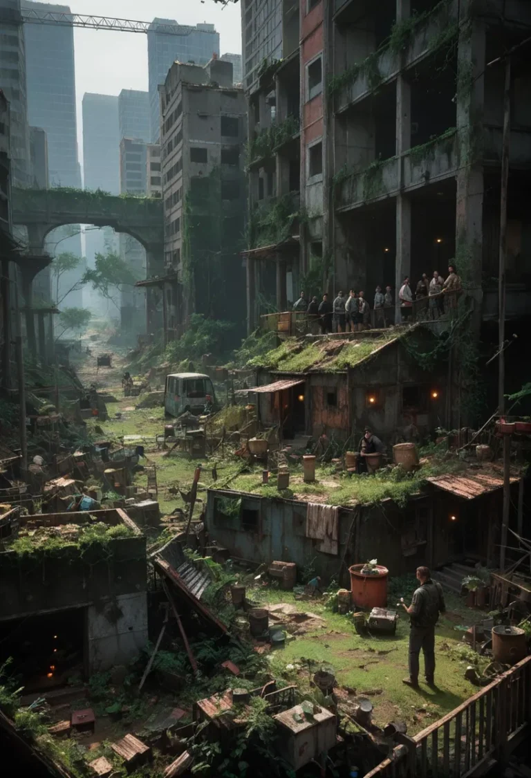 Post-apocalyptic cityscape with abandoned buildings overgrown with vegetation, created using Stable Diffusion AI.