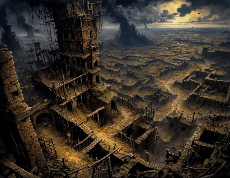 An AI generated image using stable diffusion. A post-apocalyptic scene with crumbling ruins and a desolate landscape stretching towards the horizon under a dark, moody sky.
