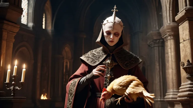 Medieval priest with pale face and ornate outfit holding a chicken in a dimly lit cathedral. AI generated image using Stable Diffusion.