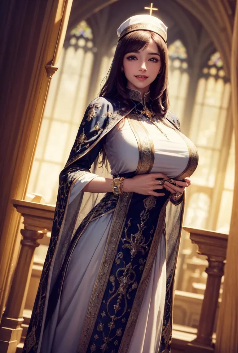 Elegant priestess in an intricately designed gown with gold and dark blue accents stands in a sunlit Gothic cathedral. AI generated image using Stable Diffusion.