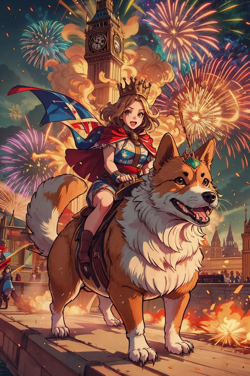 A princess riding a large corgi in front of Big Ben under a sky filled with fireworks, AI generated image using Stable Diffusion.