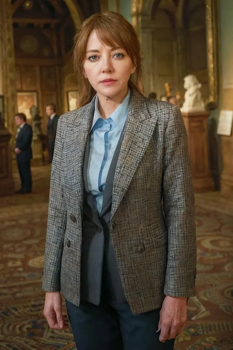 A professional woman in formal clothing standing in a museum. The background shows detailed walls with art and sculptures. Ai generated image using Stable Diffusion.