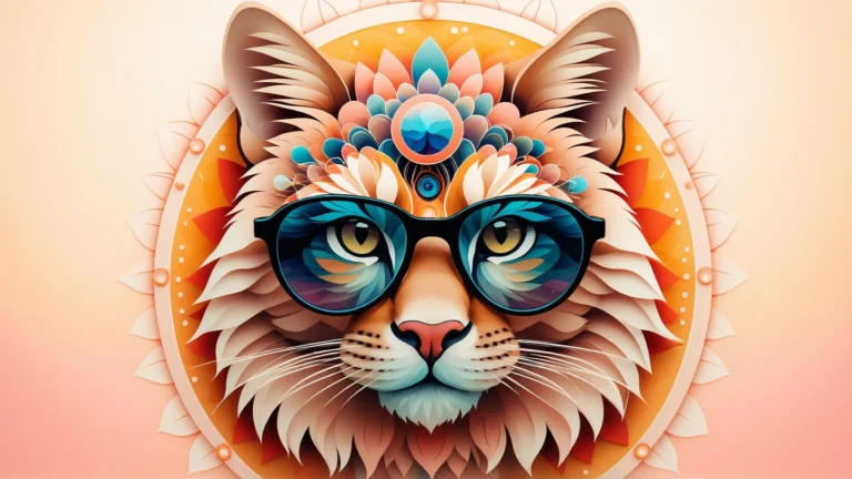 Psychedelic cat with sunglasses, multicolored fur, and an intricate mandala background. AI generated image using Stable Diffusion.