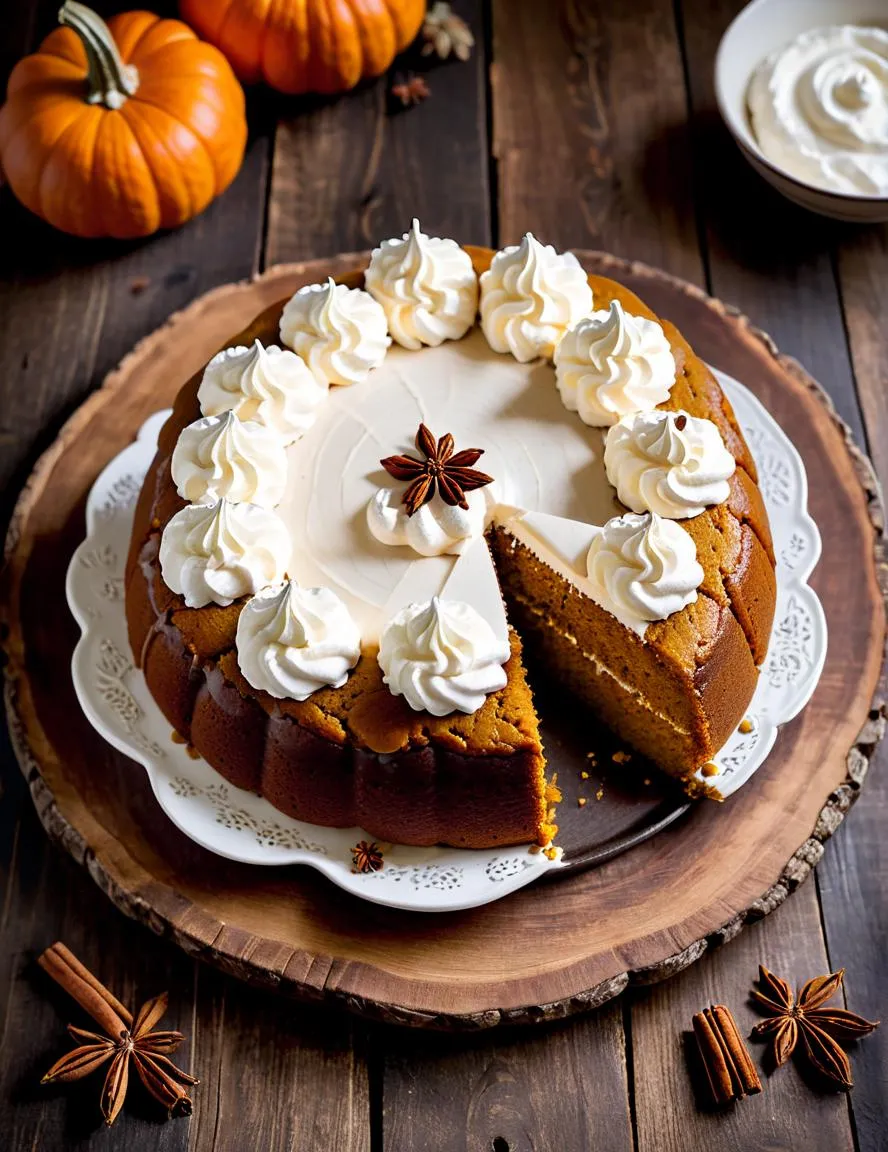 AI generated image of a pumpkin cake with whipped cream frosting on a wooden platter, garnished with star anise and cinnamon sticks.