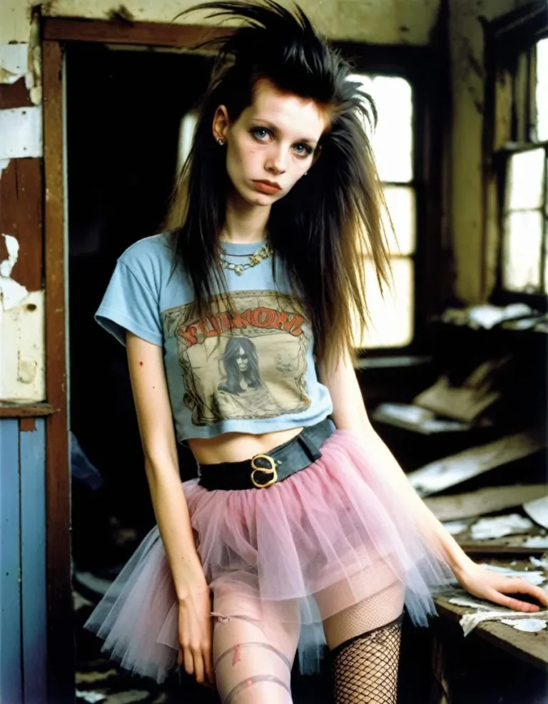 AI generated image of a punk girl with a spiky hairstyle wearing a graphic t-shirt, pink tulle skirt, and fishnet stockings, standing in a decaying urban setting.