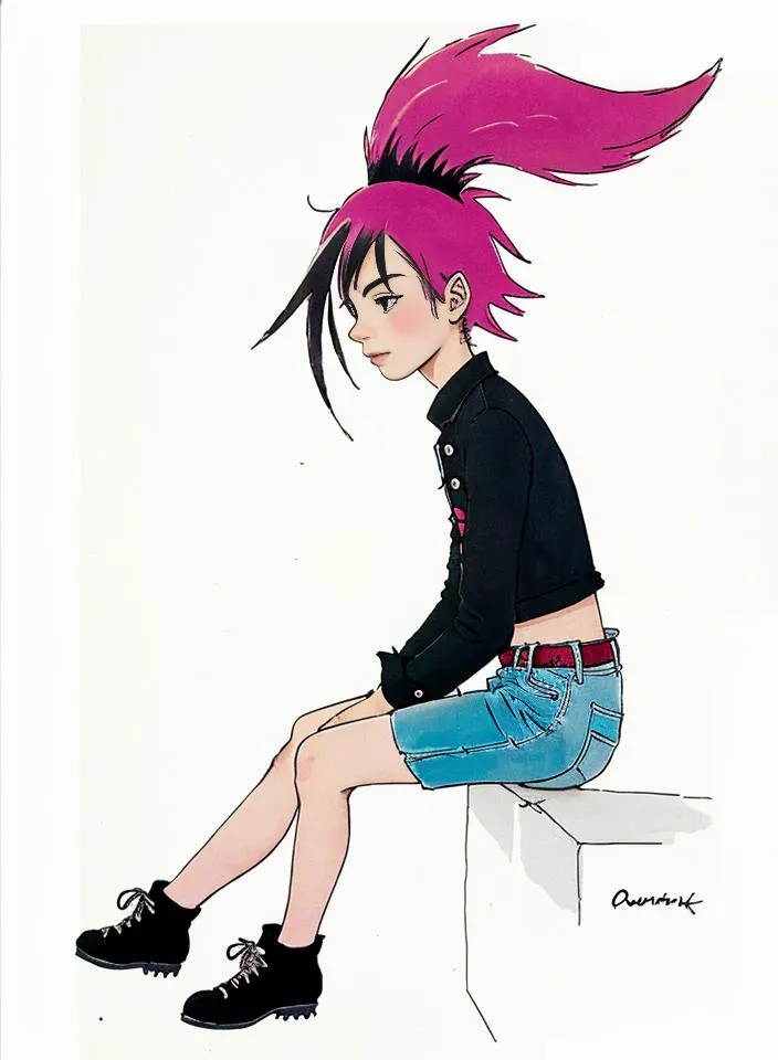 A punk girl with vibrant pink hair styled upwards, dressed in a black jacket and denim shorts, sitting casually on a concrete block. AI-generated image using stable diffusion.