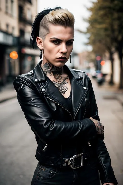 A punk woman with tattoos, wearing a leather jacket, standing on a street. AI generated image using stable diffusion.