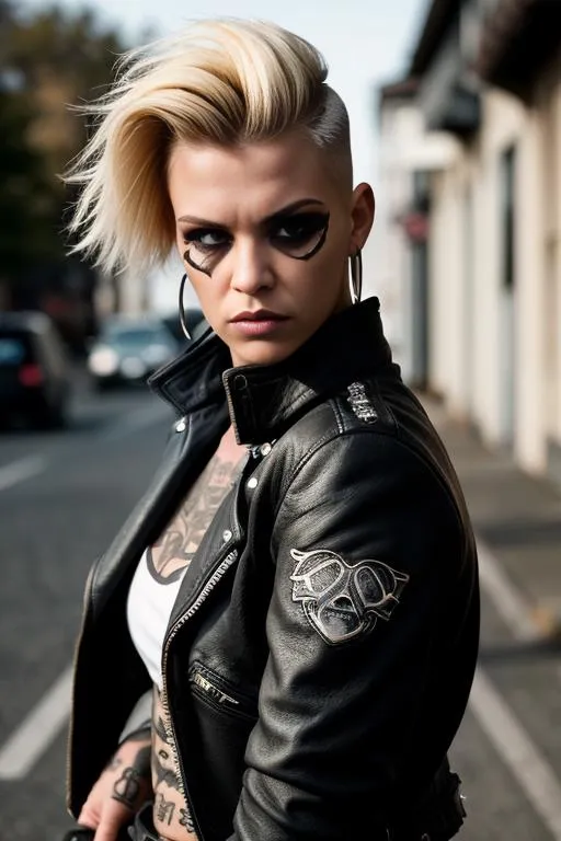 Female biker in punk fashion wearing a black leather jacket with bold makeup, close-up portrait. AI generated using Stable Diffusion.