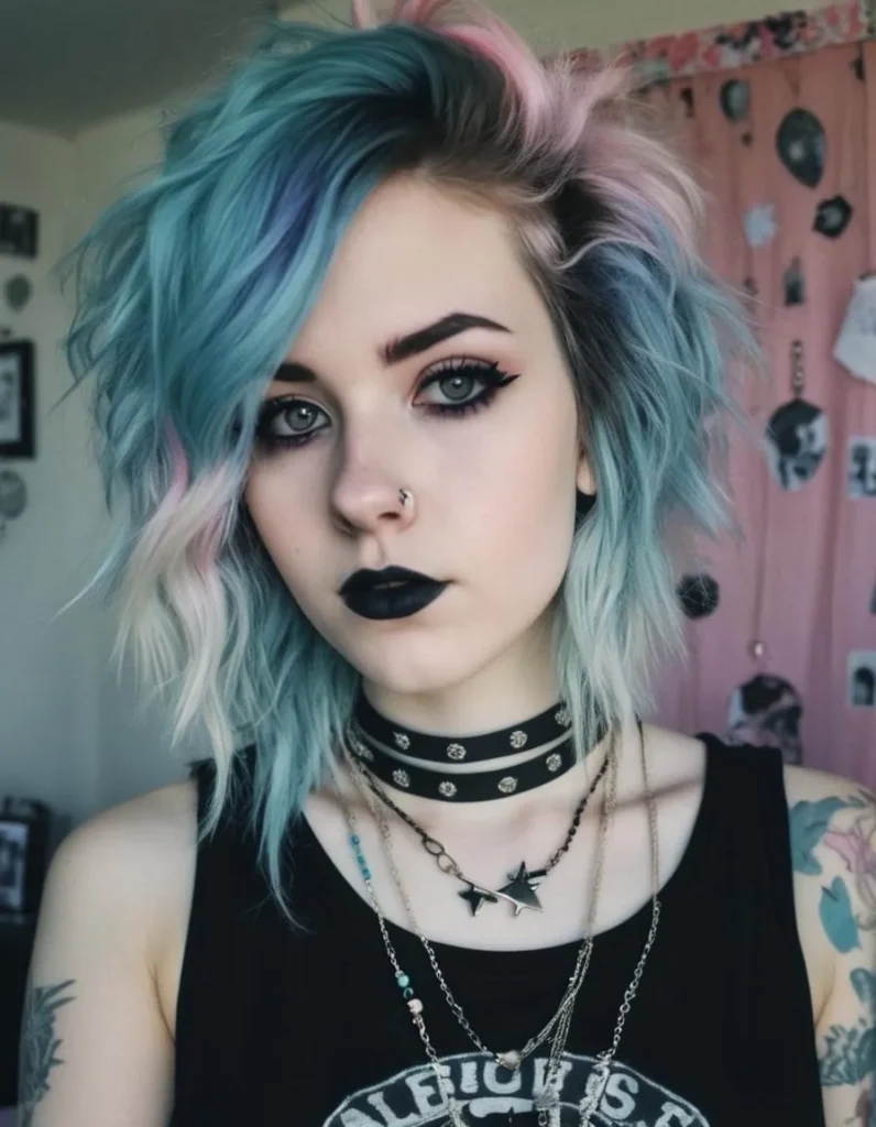 A punk girl with blue and pink hair, wearing gothic style makeup, black choker, and multiple necklaces. AI generated image using Stable Diffusion.