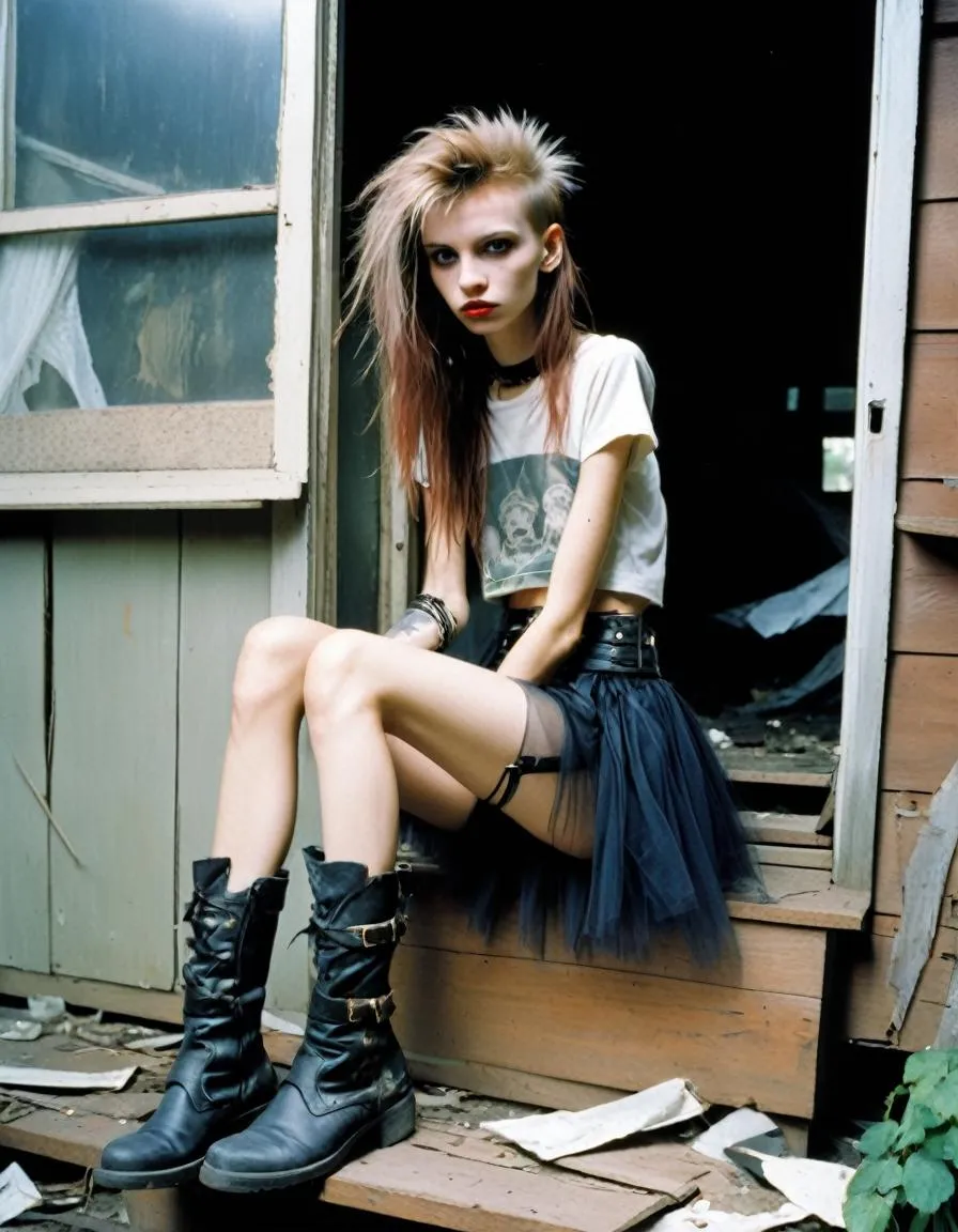 Punk girl with mohawk hairstyle, wearing a white graphic T-shirt, black netted skirt, and heavy black boots, sitting on the wooden steps of a dilapidated house. AI generated image using Stable Diffusion.
