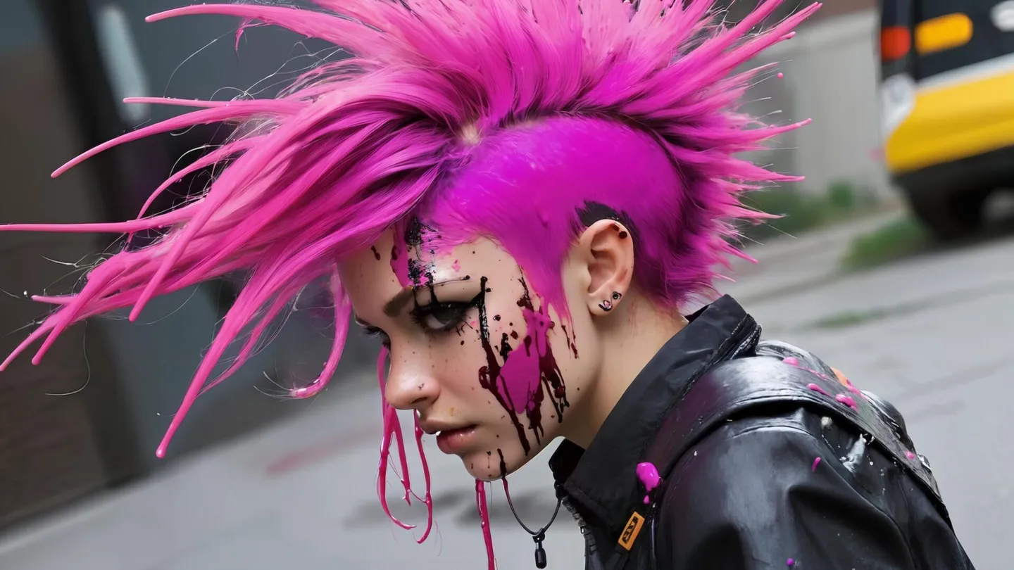 Vibrant portrait of a punk girl with a striking pink mohawk, wearing a black leather jacket, and sporting facial piercings. AI generated image using stable diffusion.