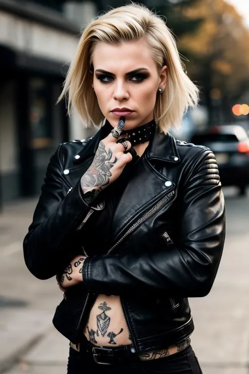 A punk woman with tattoos and a leather jacket, created by AI using Stable Diffusion.