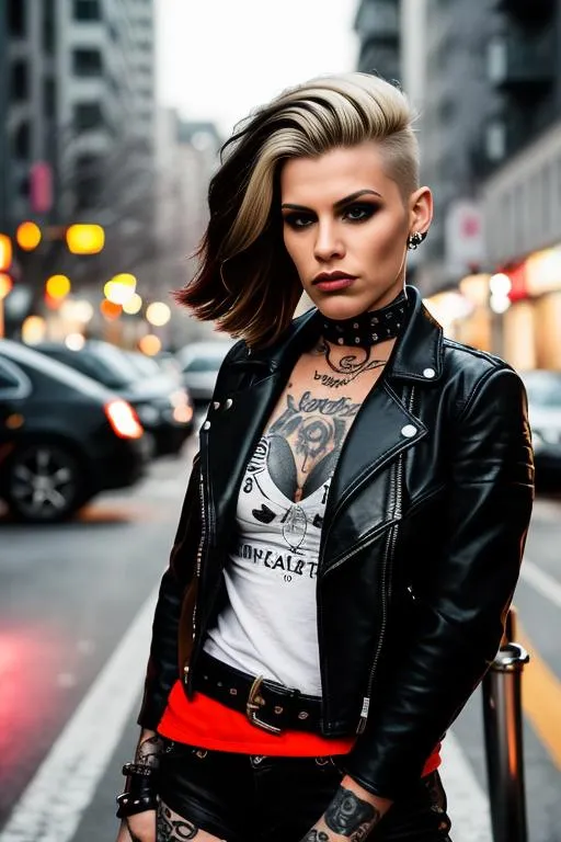 Elegant punk woman with tattoos in a leather jacket. AI-generated image using Stable Diffusion.