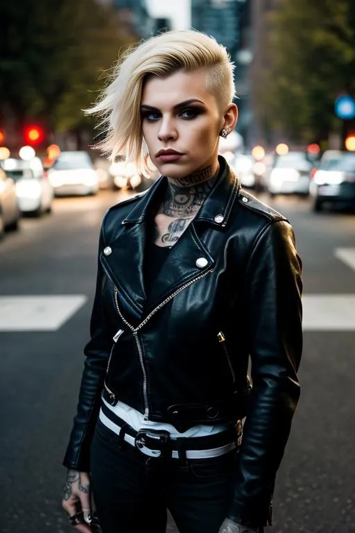 Blonde woman with punk style and tattoos wearing a black leather jacket standing on an urban street. This is an AI generated image using Stable Diffusion.