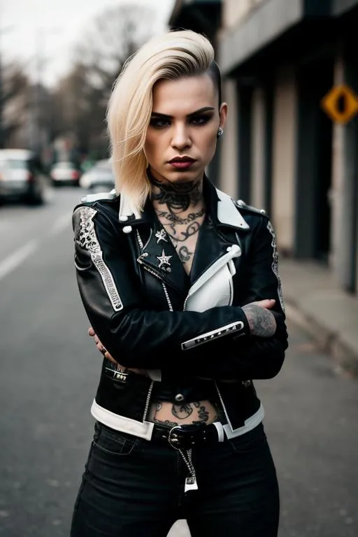 AI generated image of a tattooed woman with a punk style, wearing a black leather jacket and standing with arms crossed.