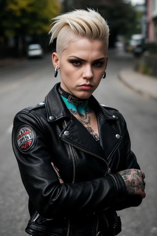 AI generated image using stable diffusion of a punk woman with short blonde hair, tattoos, and a leather jacket standing outdoors with a tough attitude.