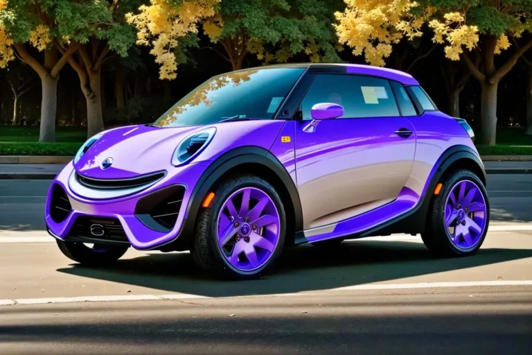 A visually appealing AI generated image using stable diffusion depicting a stylish purple car with a futuristic design, parked in a serene park with lush green trees and yellow foliage.