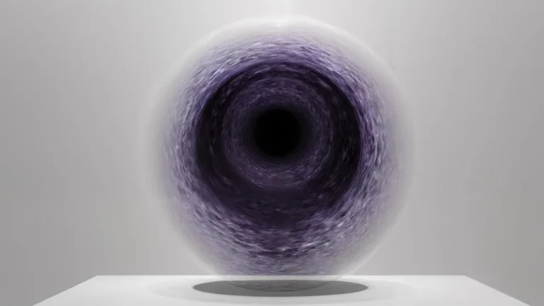 An abstract, AI generated image using Stable Diffusion of a modern sculpture resembling a swirling purple vortex or endless tunnel set against a simple gray background.