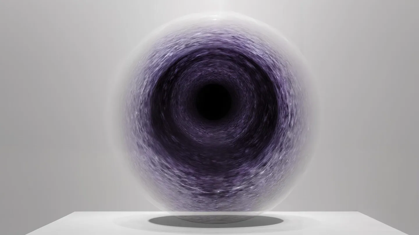 An abstract, AI generated image using Stable Diffusion of a modern sculpture resembling a swirling purple vortex or endless tunnel set against a simple gray background.