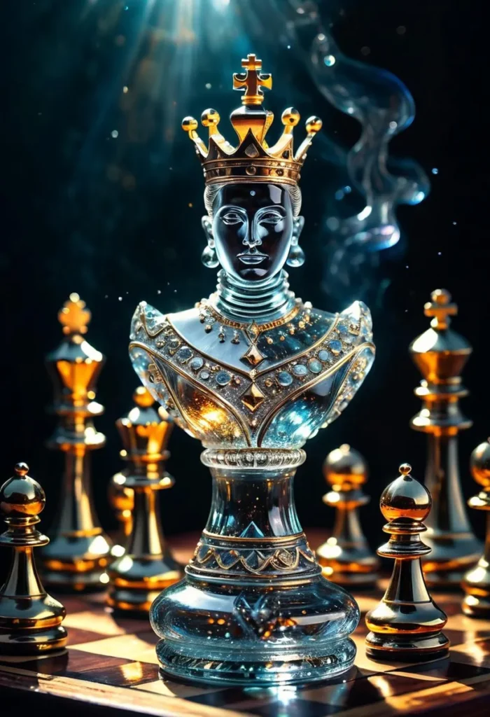 Queen chess piece with golden details on a luxurious board, ai generated using stable diffusion.