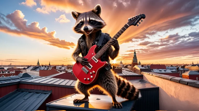 A raccoon playing a red electric guitar while standing on a rooftop with a sunset cityscape in the background. This is an AI generated image using Stable Diffusion.
