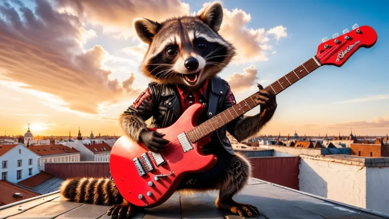 A raccoon dressed in a leather jacket playing a red electric guitar on a rooftop at sunset. This is an AI-generated image using Stable Diffusion.