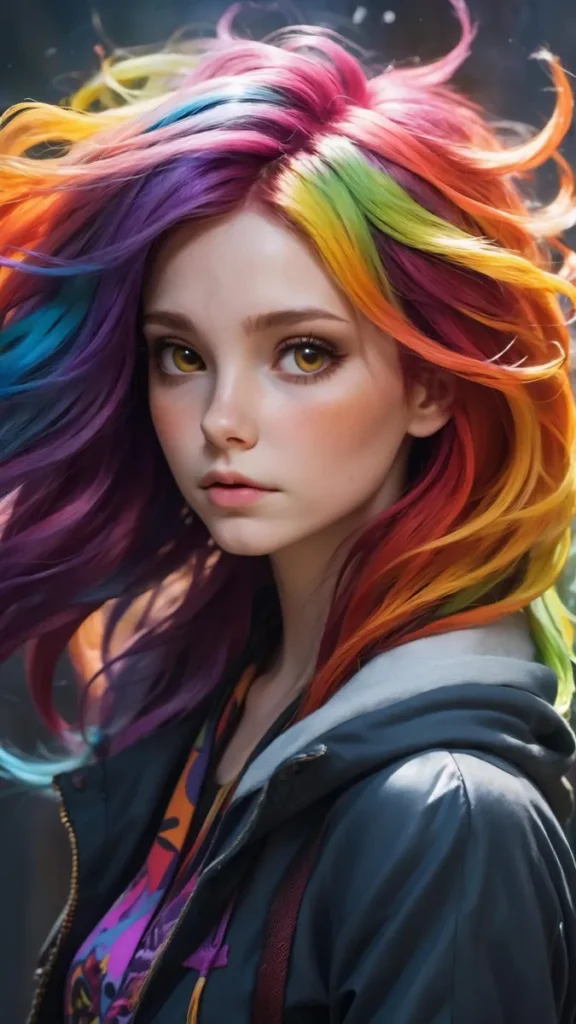 Fantasy portrait of a young woman with flowing rainbow-colored hair, created using Stable Diffusion.
