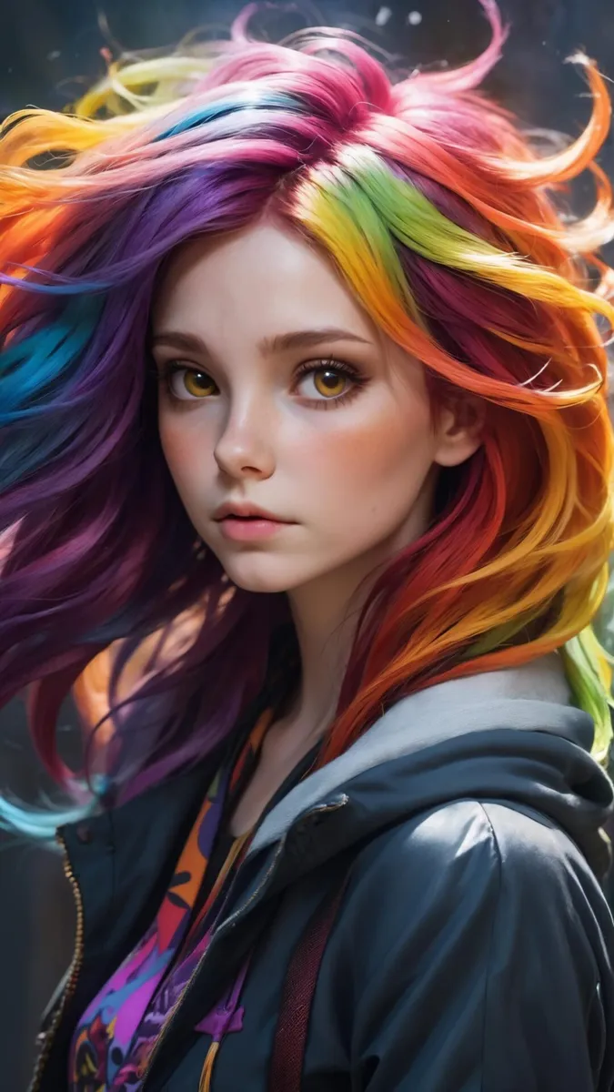 Fantasy portrait of a young woman with flowing rainbow-colored hair, created using Stable Diffusion.
