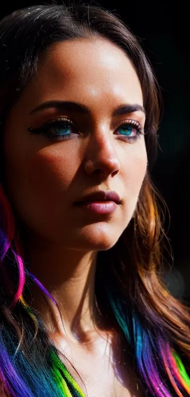 A close-up portrait of a woman with striking blue eyes and vibrant rainbow-colored hair, created using Stable Diffusion.