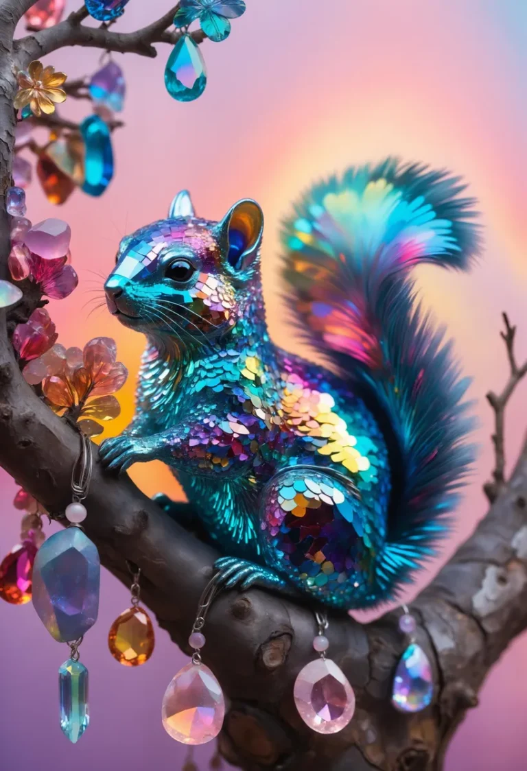 Detailed AI-generated image using Stable Diffusion of a rainbow-colored squirrel perched on a branch of a tree adorned with colorful crystals against a soft gradient background.