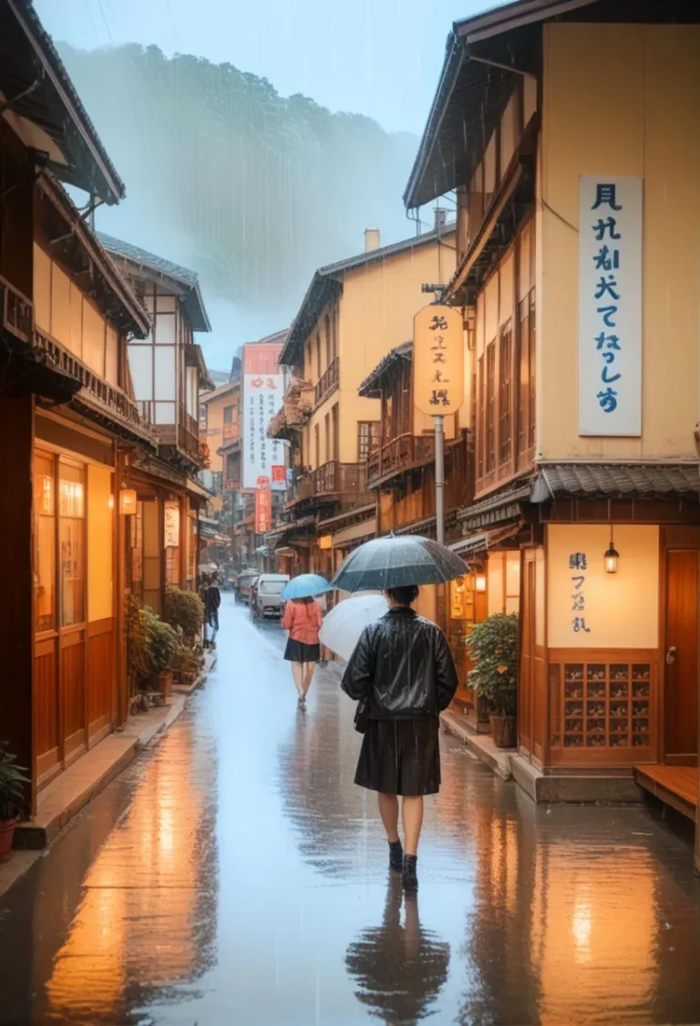 A rainy scene in a traditional Japanese alleyway with people holding umbrellas, AI generated image using Stable Diffusion.