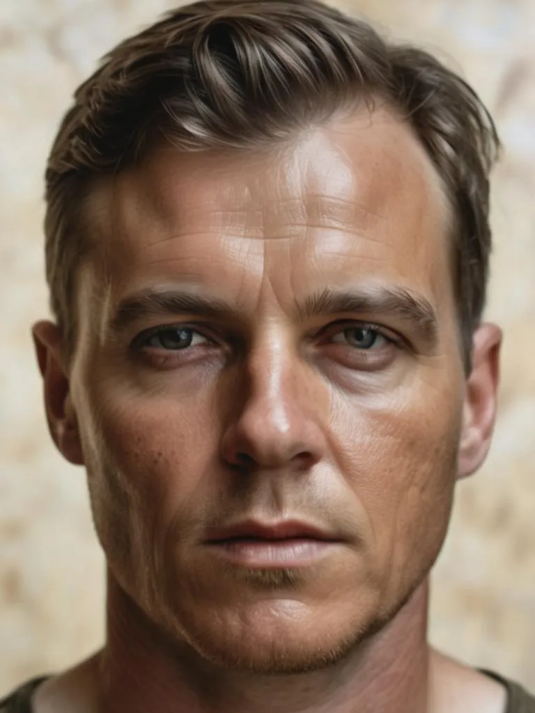 A highly detailed, realistic portrait of a middle-aged man with sharp facial features, created using Stable Diffusion AI image generation.