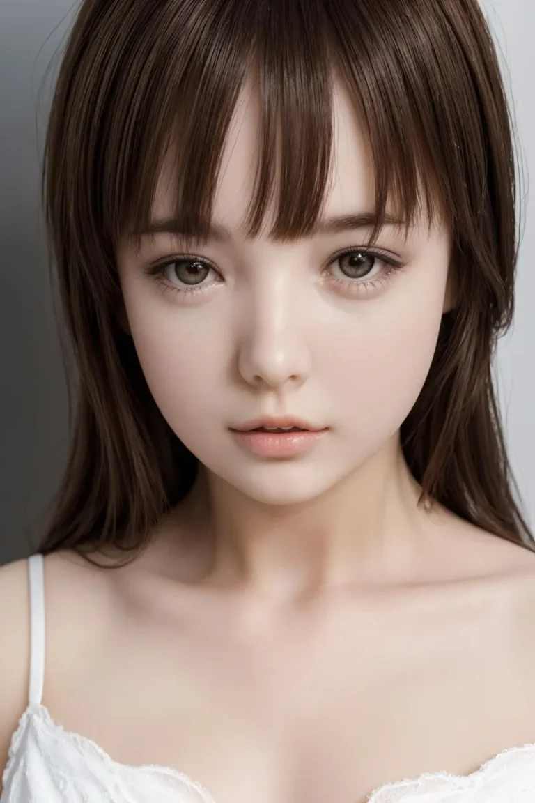 A realistic AI-generated image using Stable Diffusion of a beautiful young woman with long brown hair and large, expressive eyes. She has a delicate expression on her face and is wearing a white top.